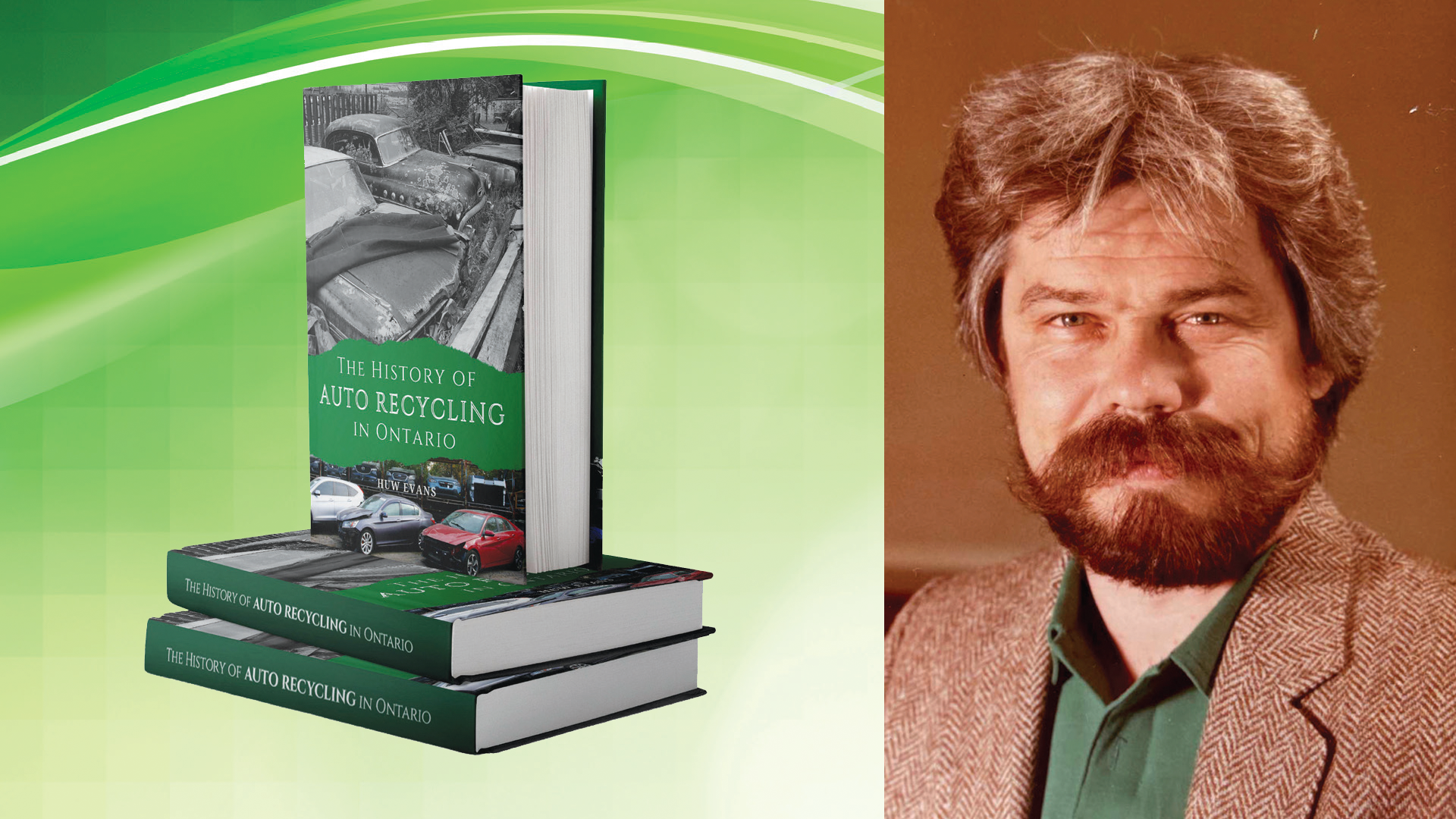 Book about auto recycling history with author portrait on green background