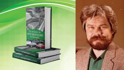 Book about auto recycling history with author portrait on green background