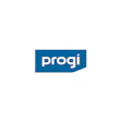 Progi logo: Blue rectangular brand mark with white text