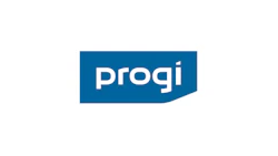 Progi logo: Blue rectangular brand mark with white text