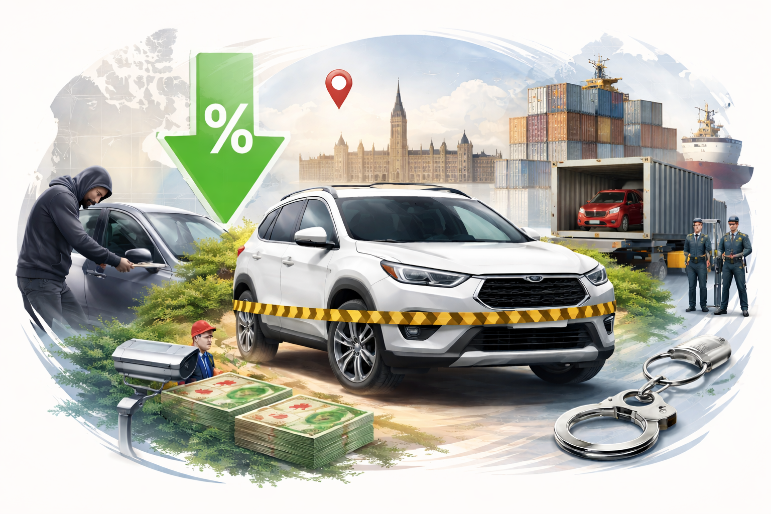 Conceptual scene depicting vehicle security, finance, and transportation risks