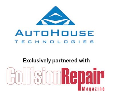AutoHouse Technologies logo with blue triangle and Collision Repair Magazine partnership