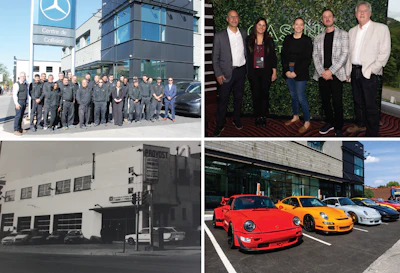 Mercedes-Benz dealership with team photo, vintage and modern sports cars