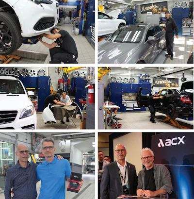 Mercedes automotive service center with technicians working on vehicles and equipment