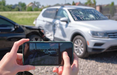Smartphone capturing photo of damaged white SUV after traffic collision