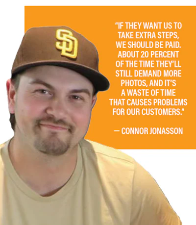 Professional speaking about workflow challenges, wearing San Diego Padres baseball cap