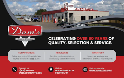 Dom's Auto Parts logo with red and white design on storefront advertising 60 years of service