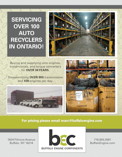 Buffalo Engine Components logo with automotive recycling warehouse background