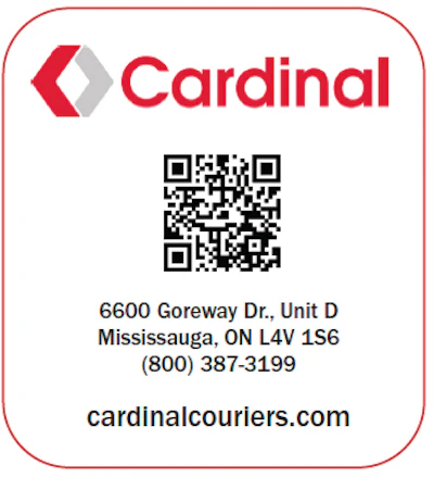 Cardinal Couriers logo with company contact details and QR code