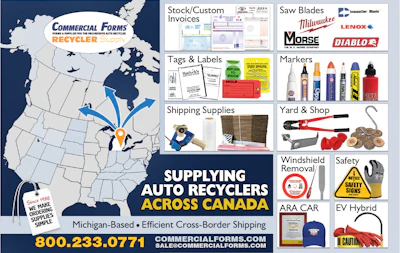 Commercial Forms catalog displaying auto recycler supplies across Canada
