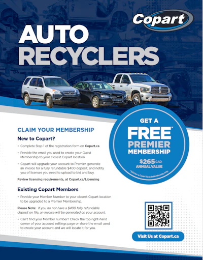 Copart auto recyclers advertisement with three damaged vehicles and membership details
