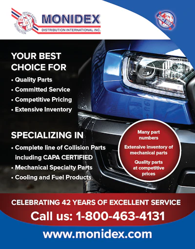 Monidex automotive parts distribution advertisement highlighting quality collision parts