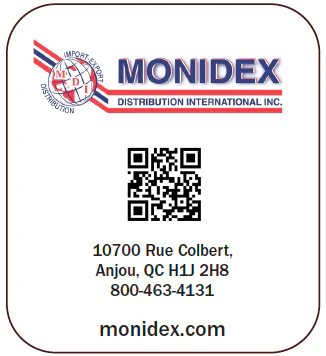 Monidex Distribution International Inc. corporate logo with contact details and QR code