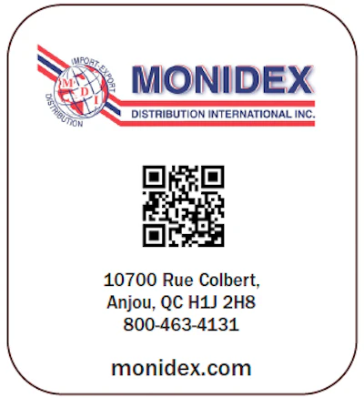 Monidex Distribution International Inc. corporate logo with contact details and QR code