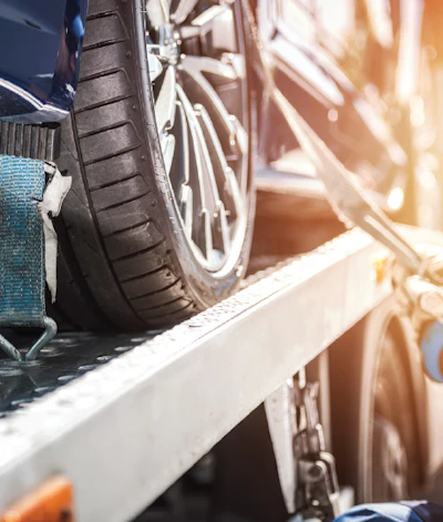 Car tire and alloy wheel on automotive service lift with sunlight