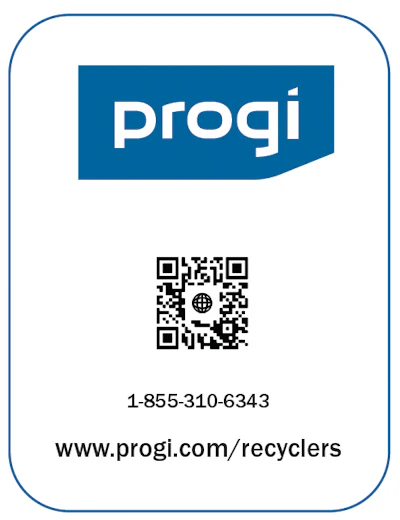 Progi corporate logo with contact information and QR code