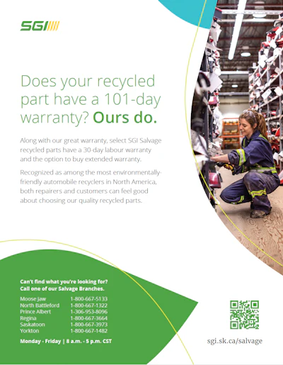 SGI salvage parts warranty advertisement with warehouse worker in safety gear
