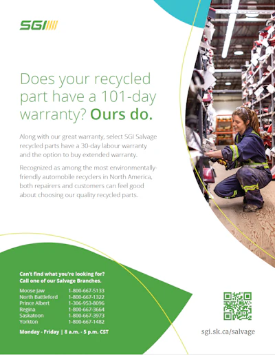 SGI salvage parts warranty advertisement with warehouse worker in safety gear