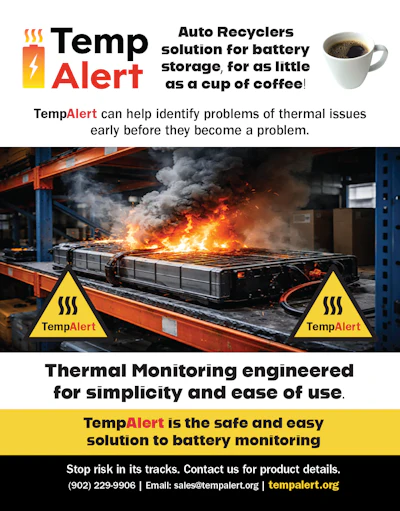 Burning battery on warehouse shelf with TempAlert thermal monitoring warning