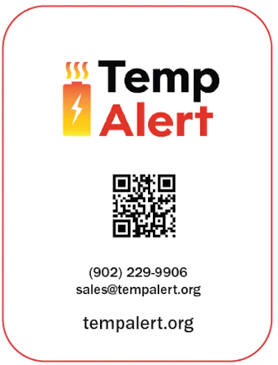 Temp Alert logo with contact details and QR code