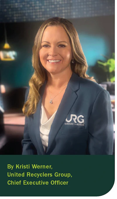 Smiling professional woman in blue blazer with United Recyclers Group logo