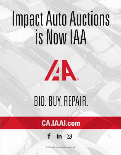 IAA logo with red and white lettermark, announcing rebranding from Impact Auto Auctions