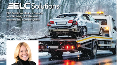 Damaged white car on tow truck in snowy winter landscape with ELC Solutions branding