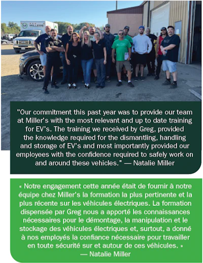 Miller's EV team posing together outside with vehicle, showcasing workplace unity