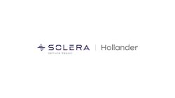 Solera Vehicle Repair logo in purple and white with Hollander partnership
