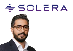 Solera corporate logo in purple and white with professional headshot
