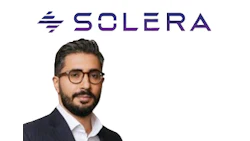 Solera corporate logo in purple and white with professional headshot