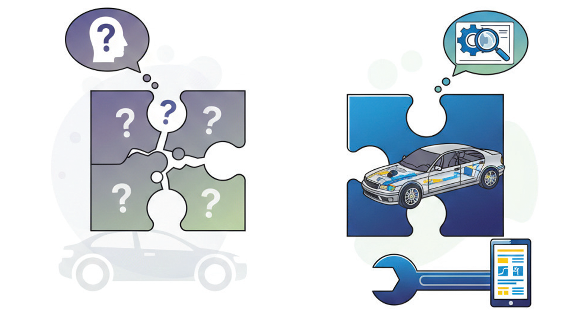 Automotive diagnostic puzzle: Car repair process with puzzle pieces, tools, and search icons
