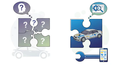 Automotive diagnostic puzzle: Car repair process with puzzle pieces, tools, and search icons