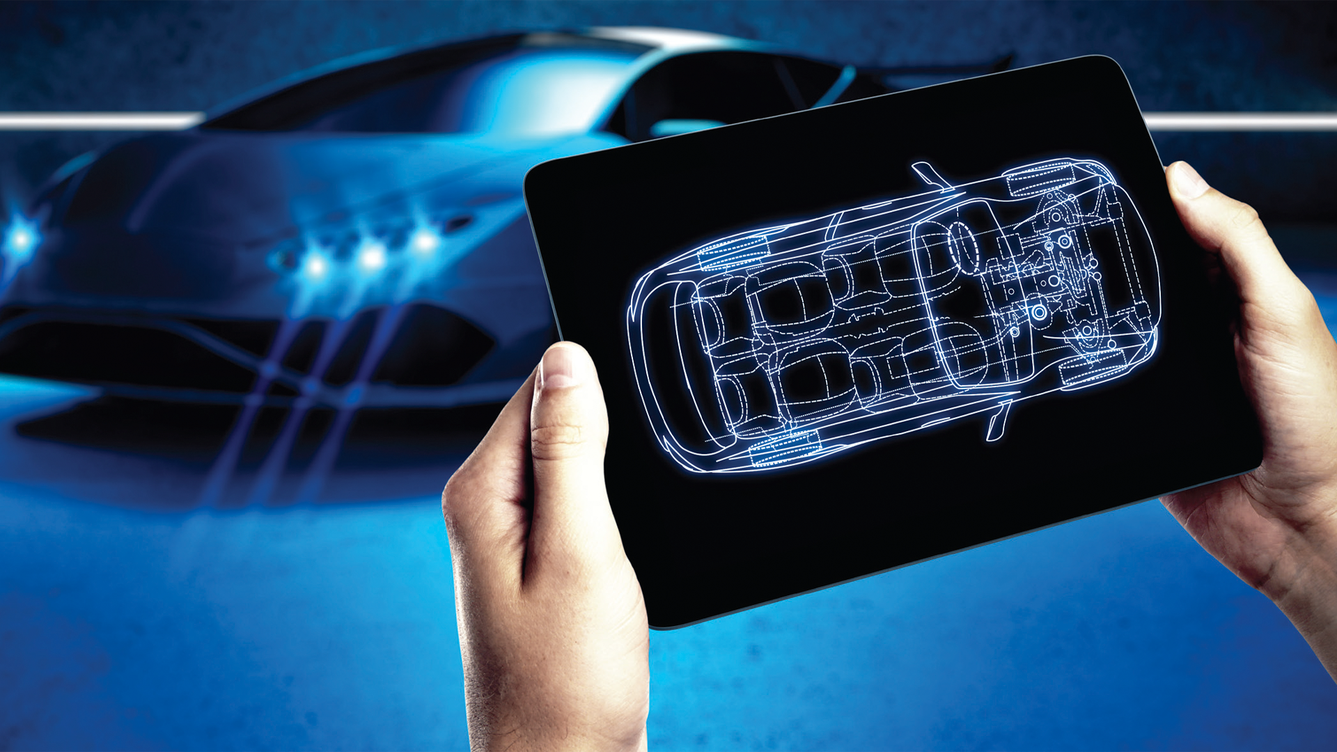 Tablet displaying car wireframe blueprint with blue vehicle silhouette in background
