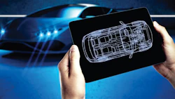 Tablet displaying car wireframe blueprint with blue vehicle silhouette in background