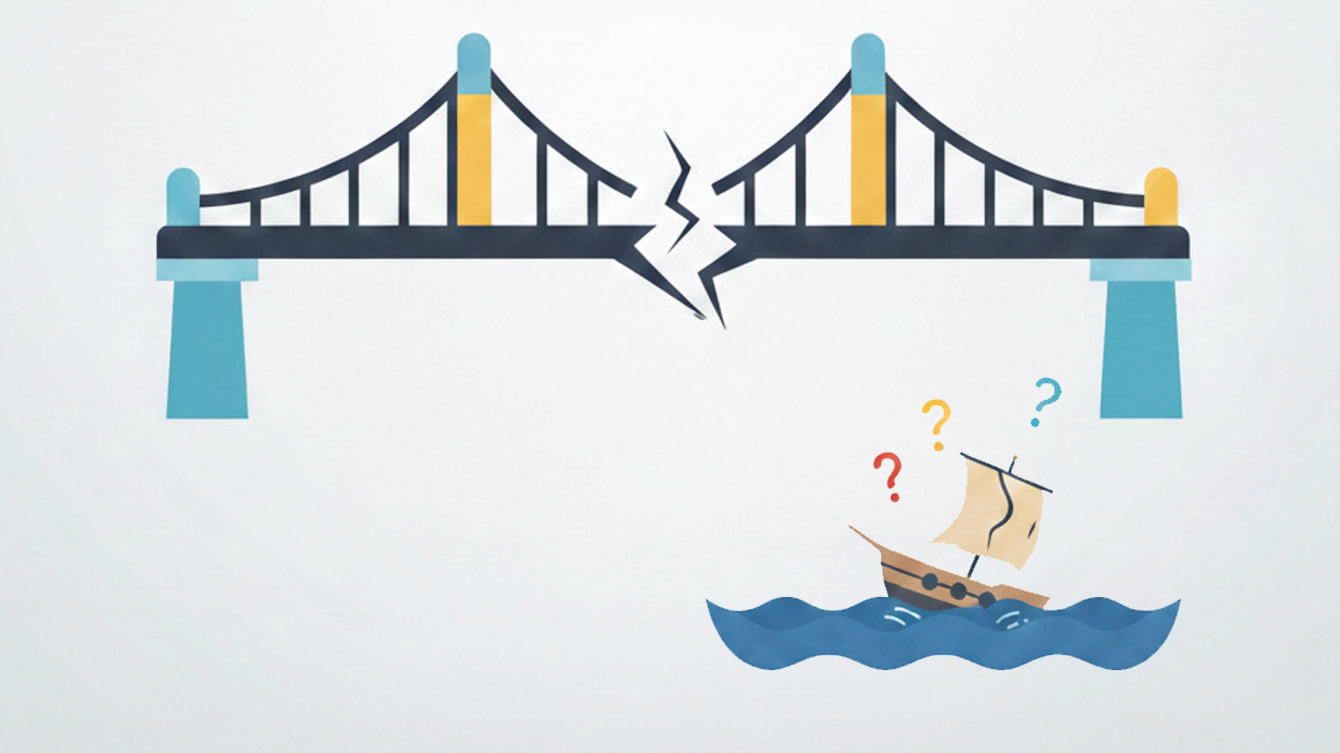 Broken bridge with disconnected sections and a small sailing ship on wavy blue water