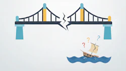 Broken bridge with disconnected sections and a small sailing ship on wavy blue water