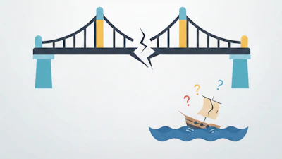 Broken bridge with disconnected sections and a small sailing ship on wavy blue water