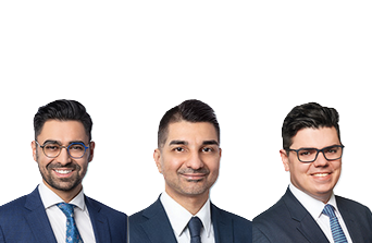Three professional men in business suits and glasses posing for corporate headshots