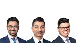 Three professional men in business suits and glasses posing for corporate headshots