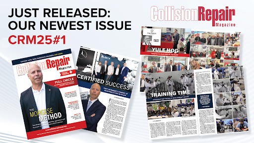 Collision Repair Magazine newest issue CRM25#1 with multiple page layouts displayed