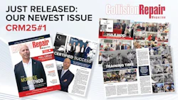 Collision Repair Magazine newest issue CRM25#1 with multiple page layouts displayed