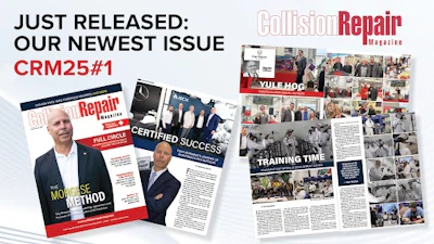 Collision Repair Magazine newest issue CRM25#1 with multiple page layouts displayed