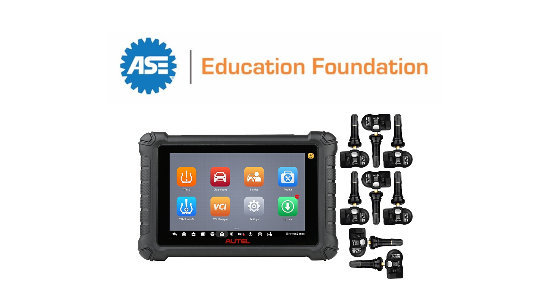 ASE Education Foundation logo with automotive diagnostic tablet and TPMS sensors