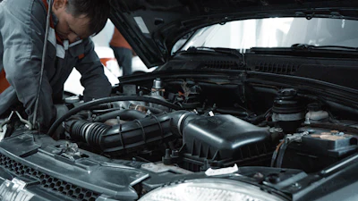 Mechanic examining car engine under open hood in automotive repair shop