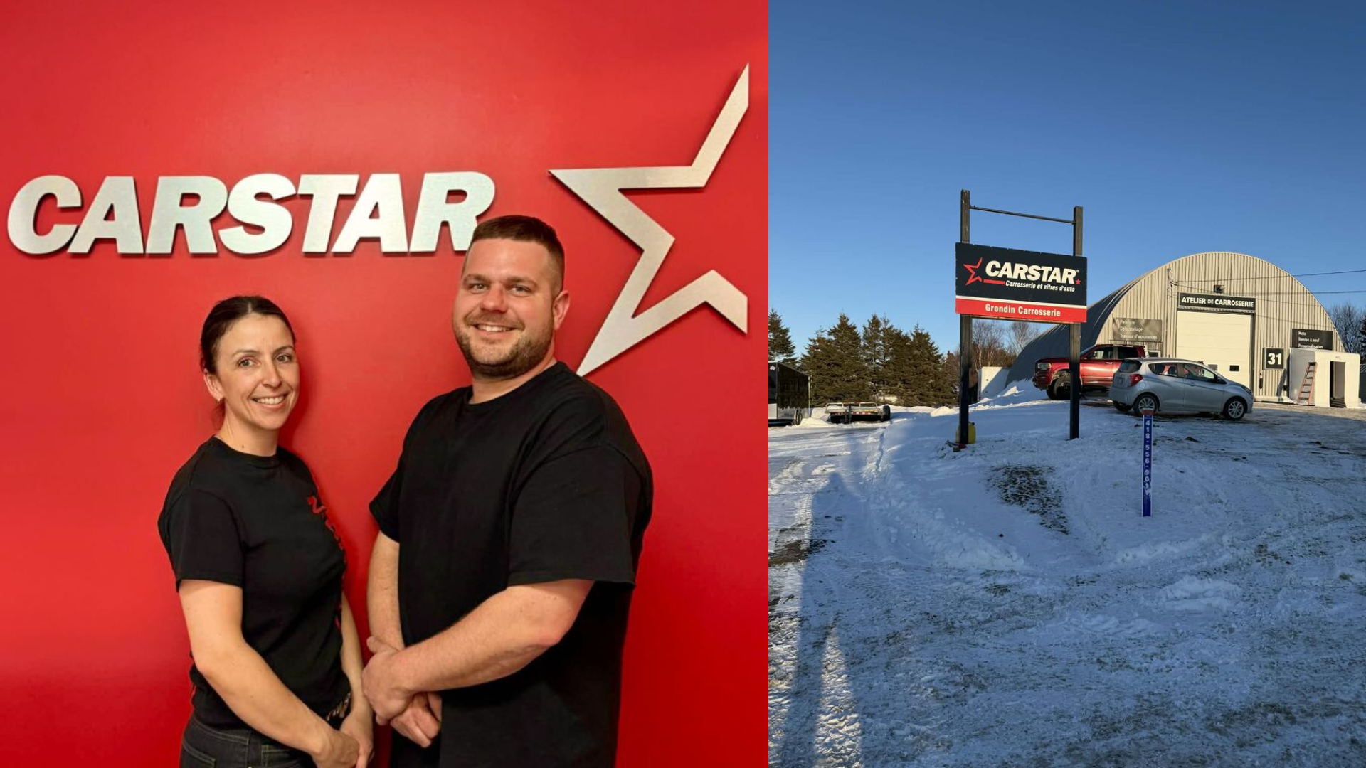 CARSTAR employees pose at branded facility with winter automotive service center in snowy landscape