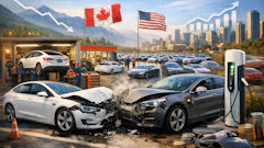 Car crash scene with Canadian and US flags, electric vehicle charging station in background