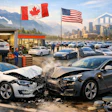 Car crash scene with Canadian and US flags, electric vehicle charging station in background