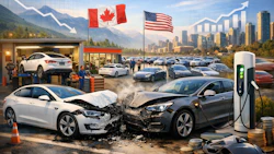 Car crash scene with Canadian and US flags, electric vehicle charging station in background