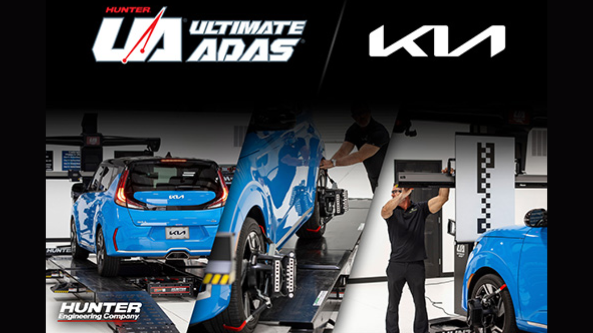 Blue Kia vehicle undergoing performance testing on dyno platform with technicians in professional garage setting